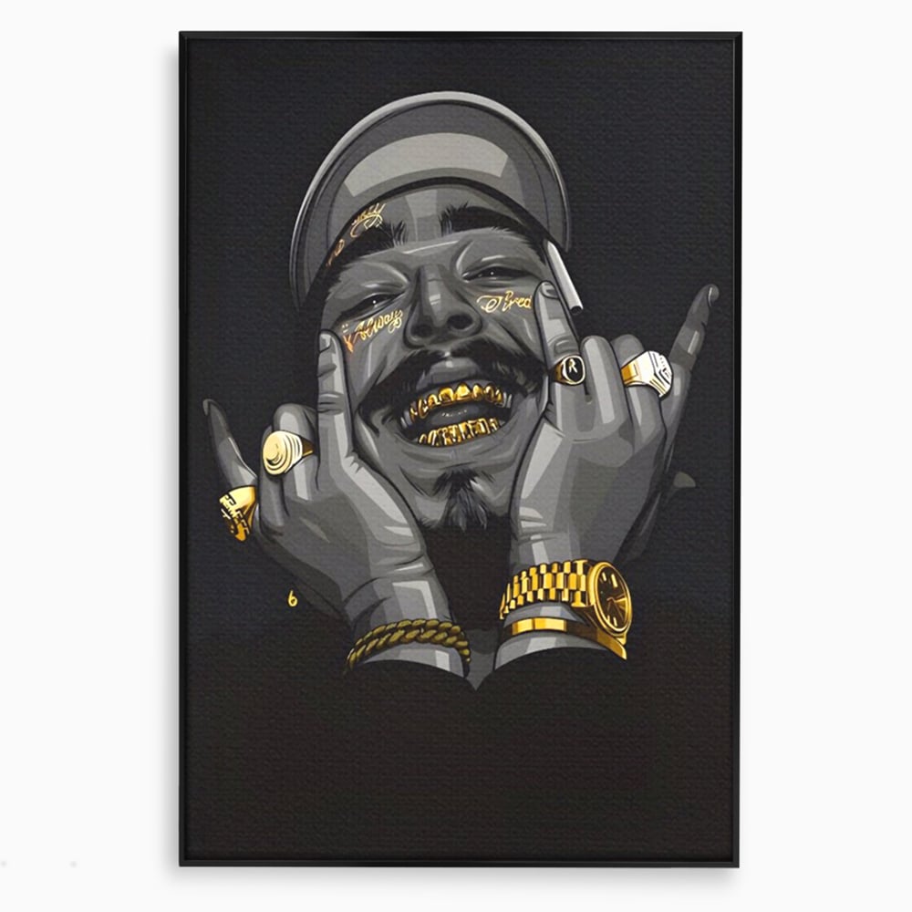 Tablou canvas cu tablou canvas cu portret post malone, in rama de aluminiu negru